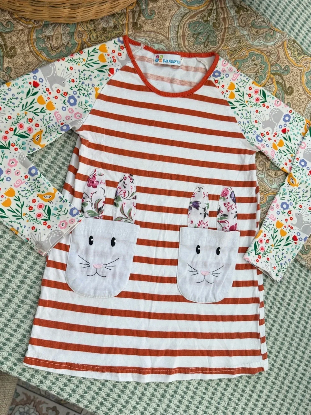 Sun Moon Kids Boutique Toddler Girl Mixed Media Long Sleeve Dress Bunnies Floral